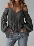 sheenchic Boho Lace Fringe Cold Shoulder Lantern Sleeve Blouse