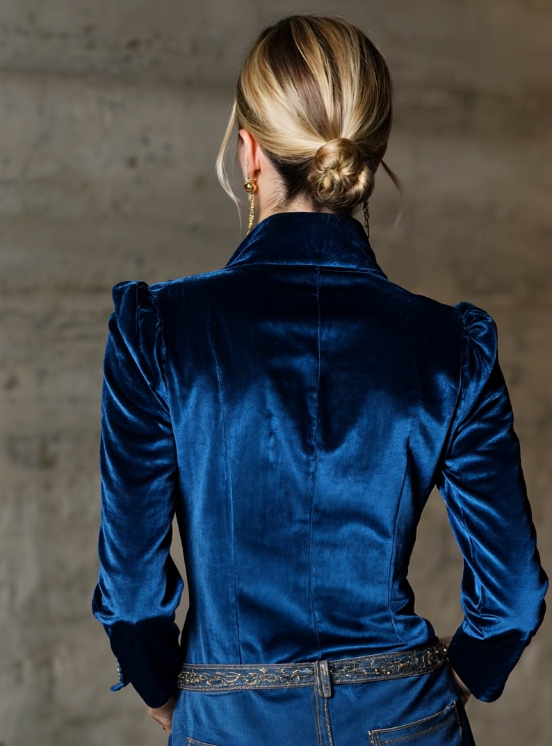 Elegant Blue Velvet Long-sleeved  With Gold Buttons Shirt