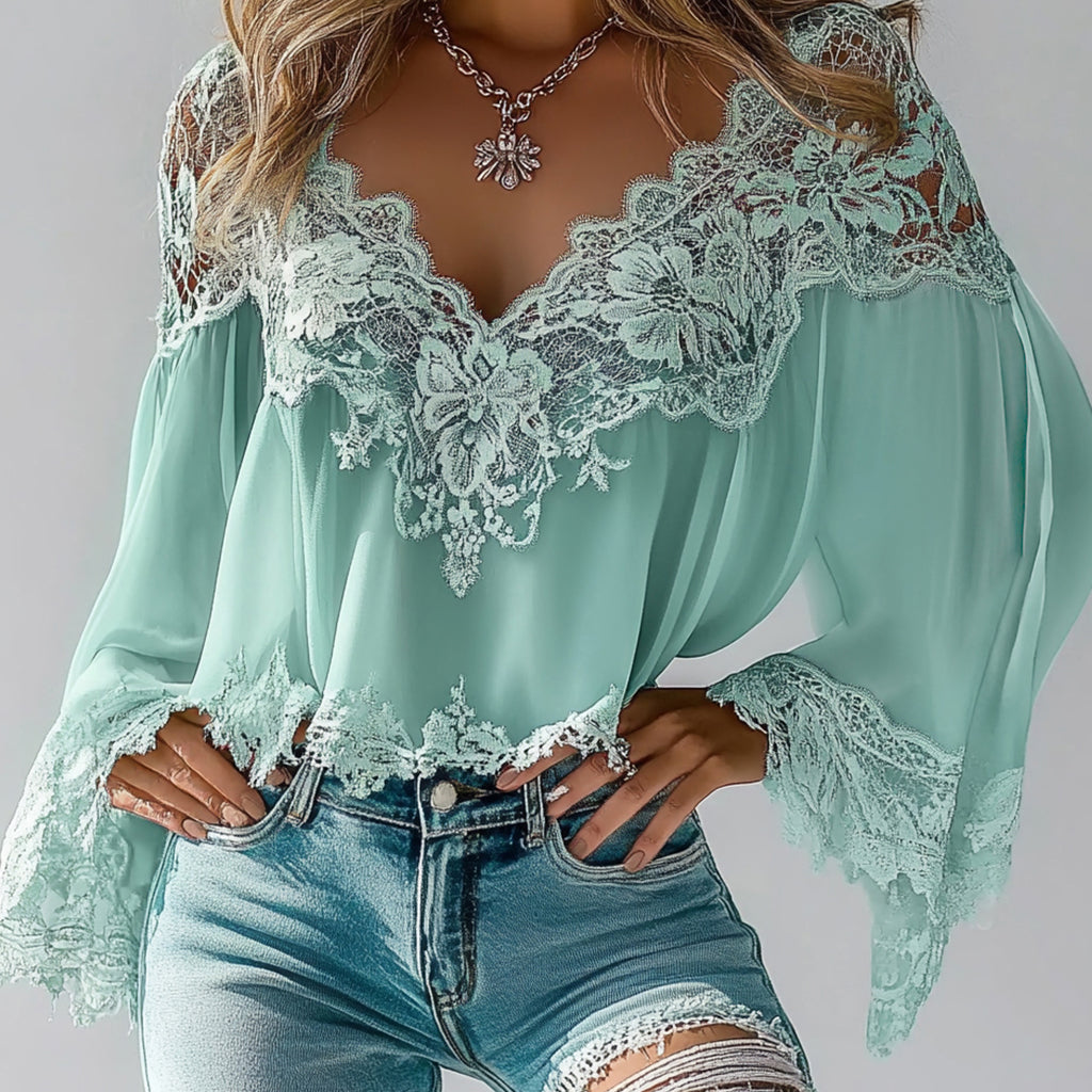 sheenchic Casual Floral Lace V Neck Long Sleeve Blouse