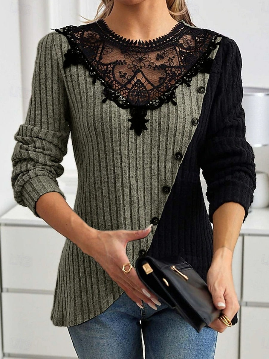 Casual Light Purple Lace Colorblock Ribbed Side Buttons Long Sleeve Blouse
