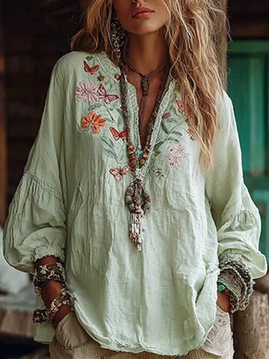 Vacation Burgundy Floral V Neck Lantern Sleeve Long Sleeve Contrast Vintage Linen Blouses