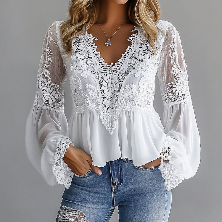 sheenchic Lace Floral Hollow Out V Neck Lantern Sleeve Blouse