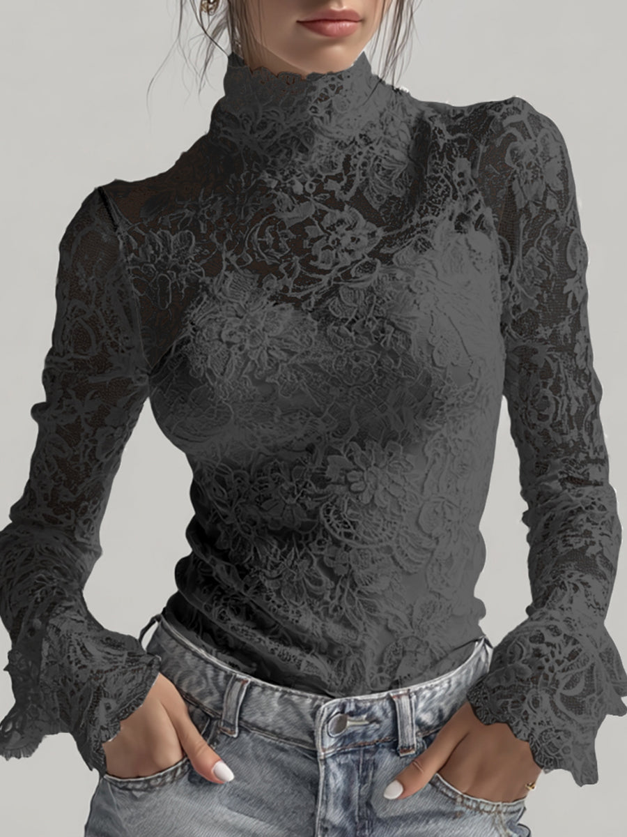 sheenchic White Sheer Lace High Neck Flare Sleeves Top & Camisole 2Pcs Set