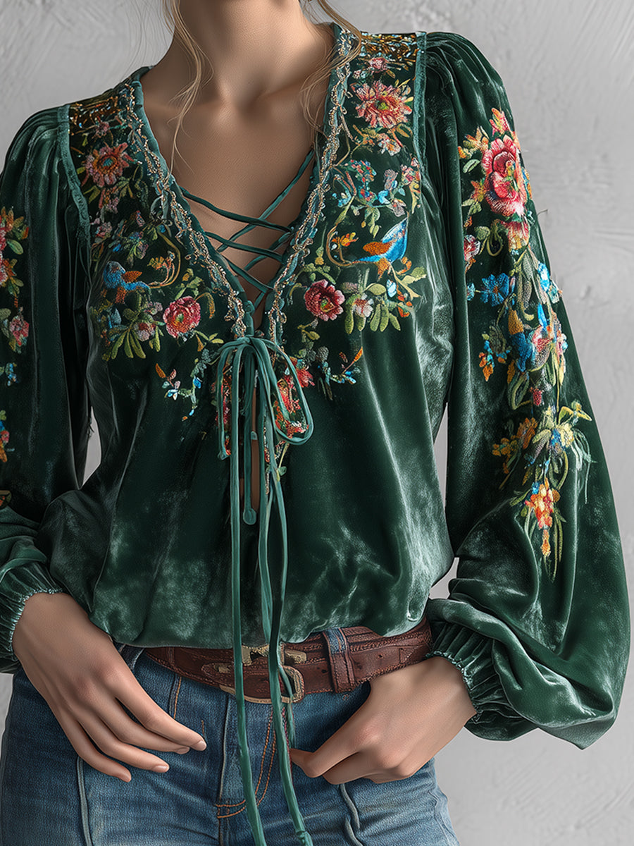 sheenchic Dark Green Velvet Floral Print Lace-Up V Neck Lantern Sleeve Blouse