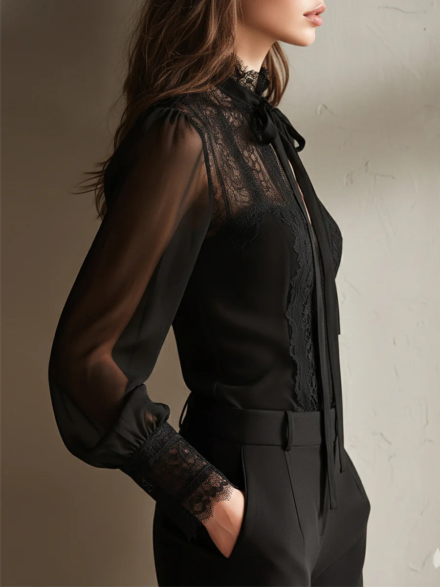 sheenchic Vacation Tulle Black High Collar Long Sleeve See Through Vintage Contrast Lace Blouses [Pre-Order]