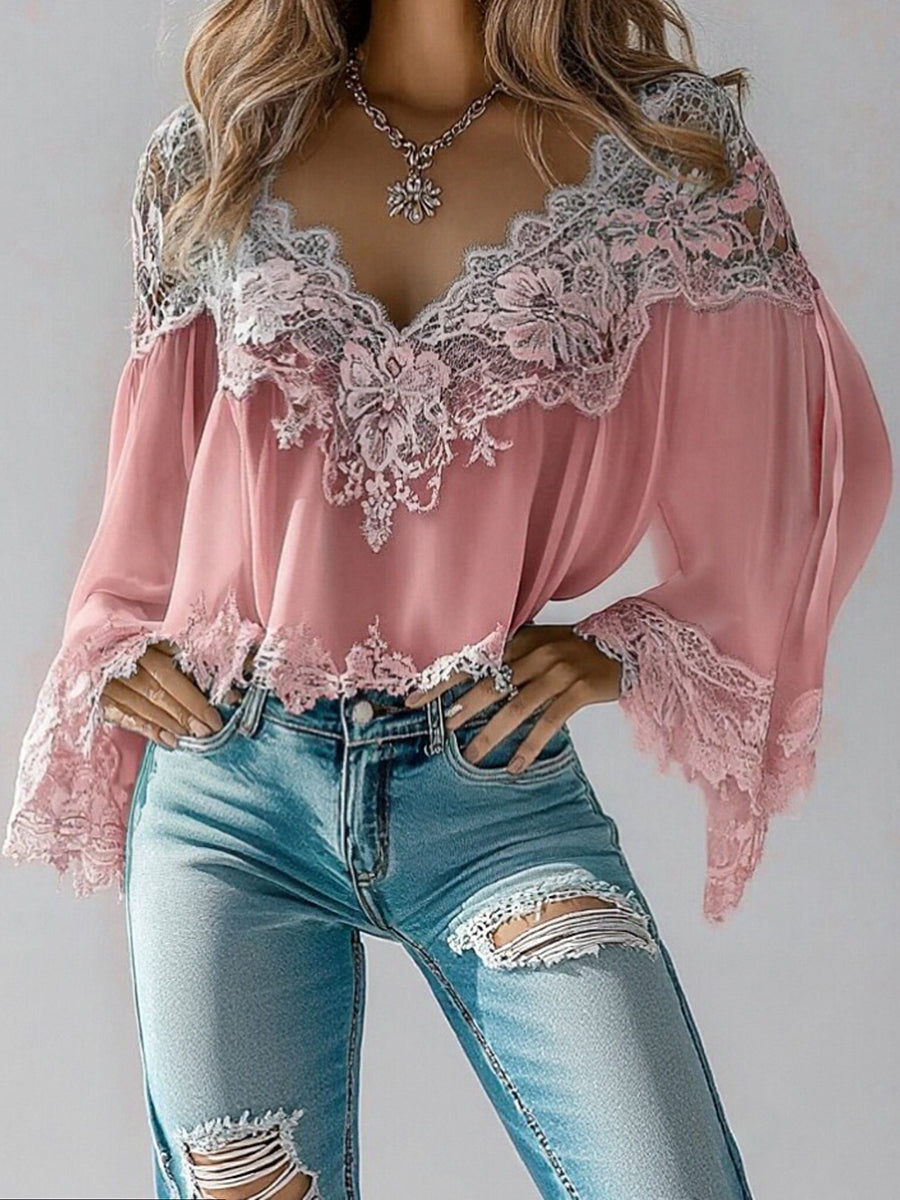 sheenchic Casual Floral Lace V Neck Long Sleeve Blouse