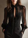 sheenchic Vacation Tulle Black High Collar Long Sleeve See Through Vintage Contrast Lace Blouses [Pre-Order]