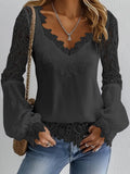 sheenchic Sheer Lace Patchwork V Neck Lantern Sleeve Blouse