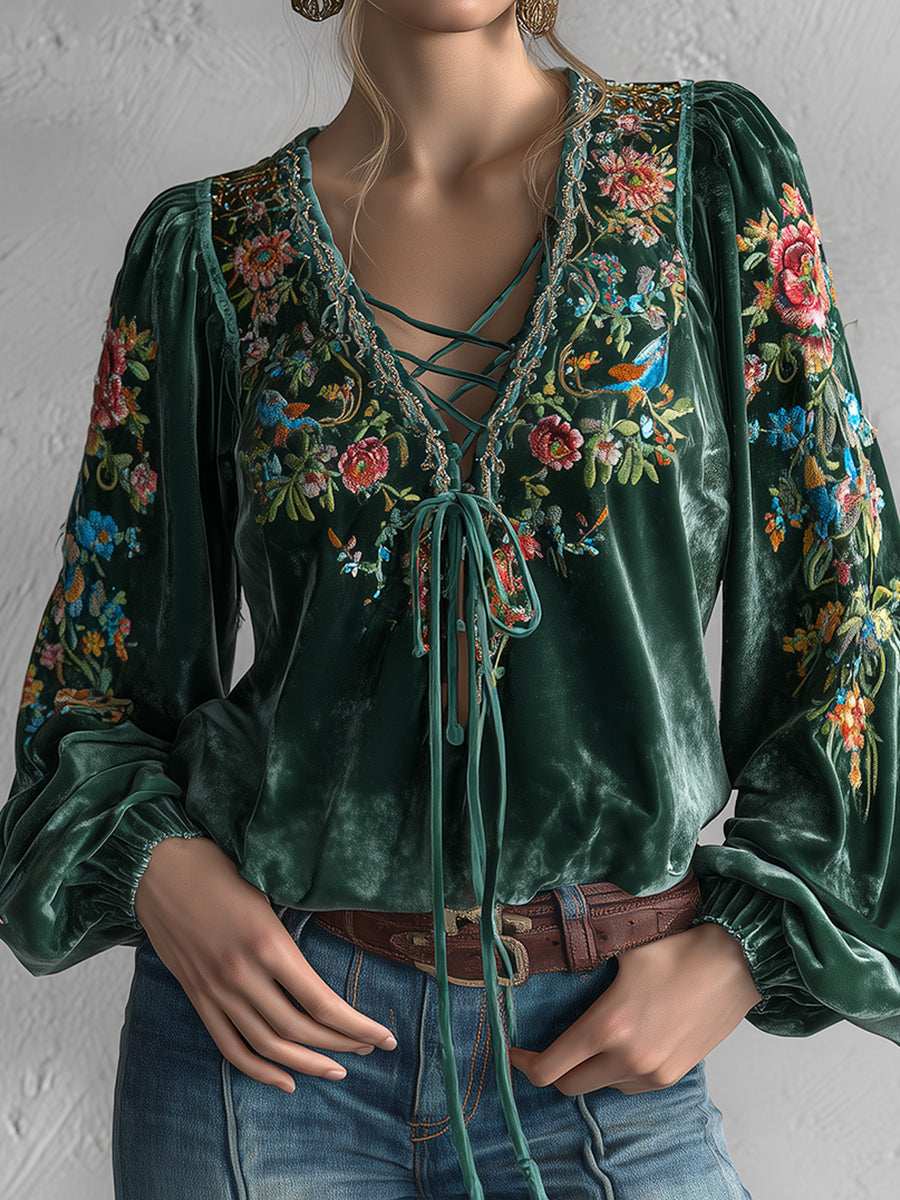 sheenchic Dark Green Velvet Floral Print Lace-Up V Neck Lantern Sleeve Blouse