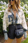 Bohemian Elegant Satin Contrast Color Unique Print Button Up Pocket Loose Blouse