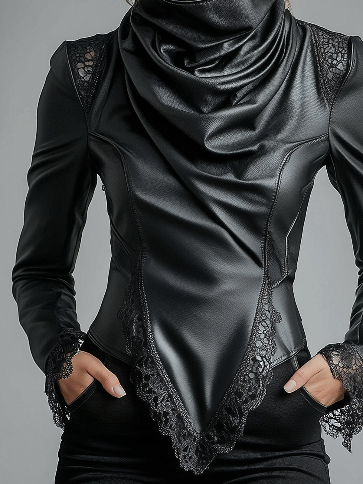 sheenchic High Neck Lace Trim Long Sleeve PU Leather Blouse