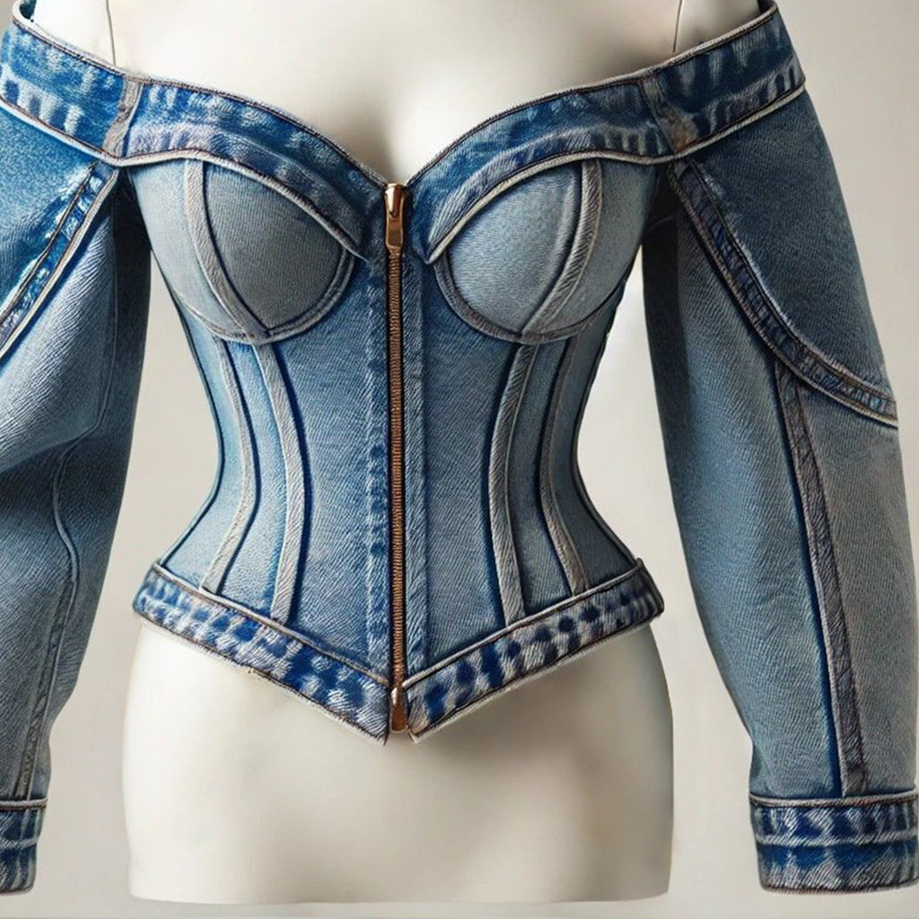 sheenchic Denim Off The Shoulder Zip Up Long Sleeve Blouse