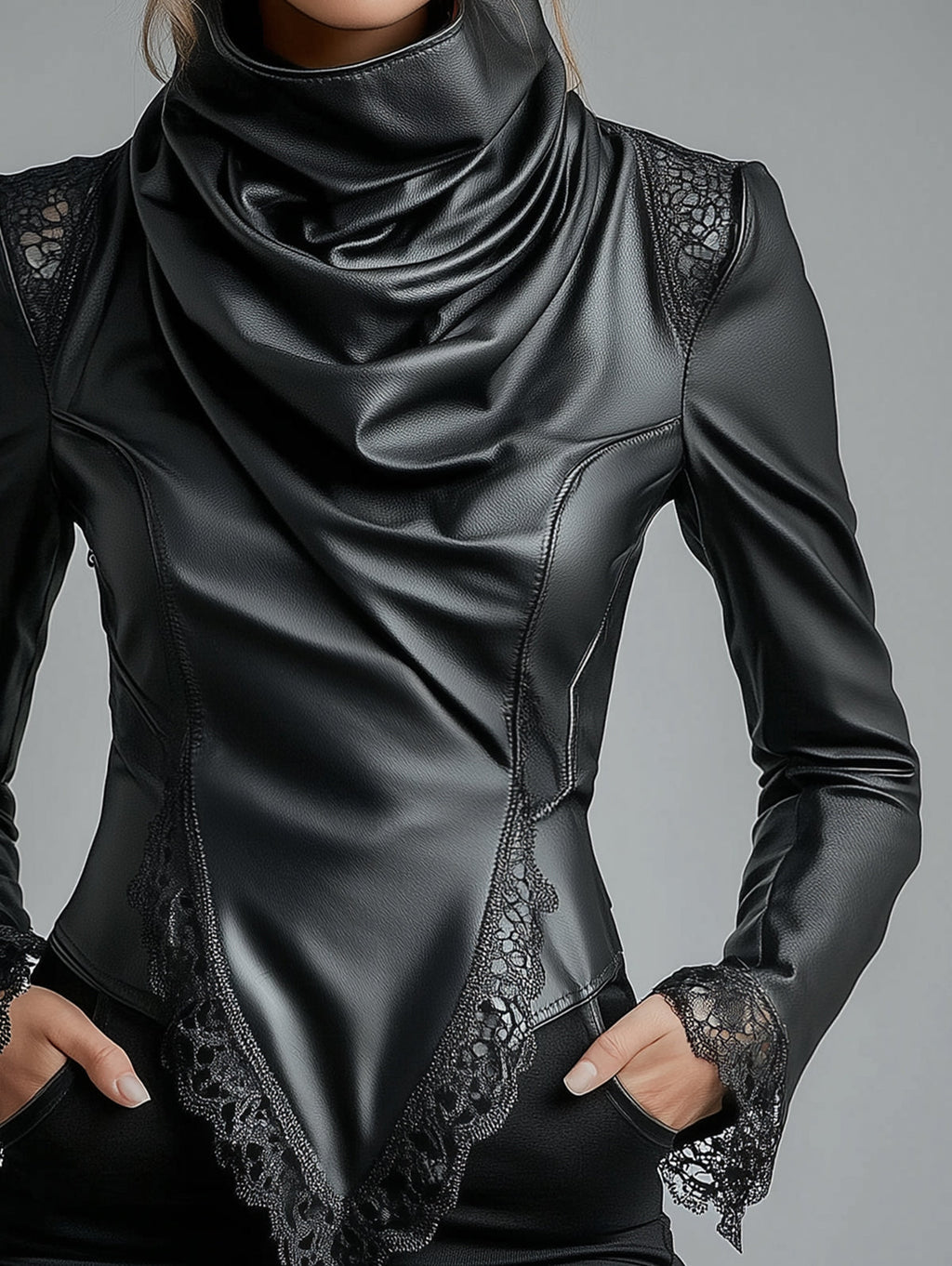 sheenchic High Neck Lace Trim Long Sleeve PU Leather Blouse