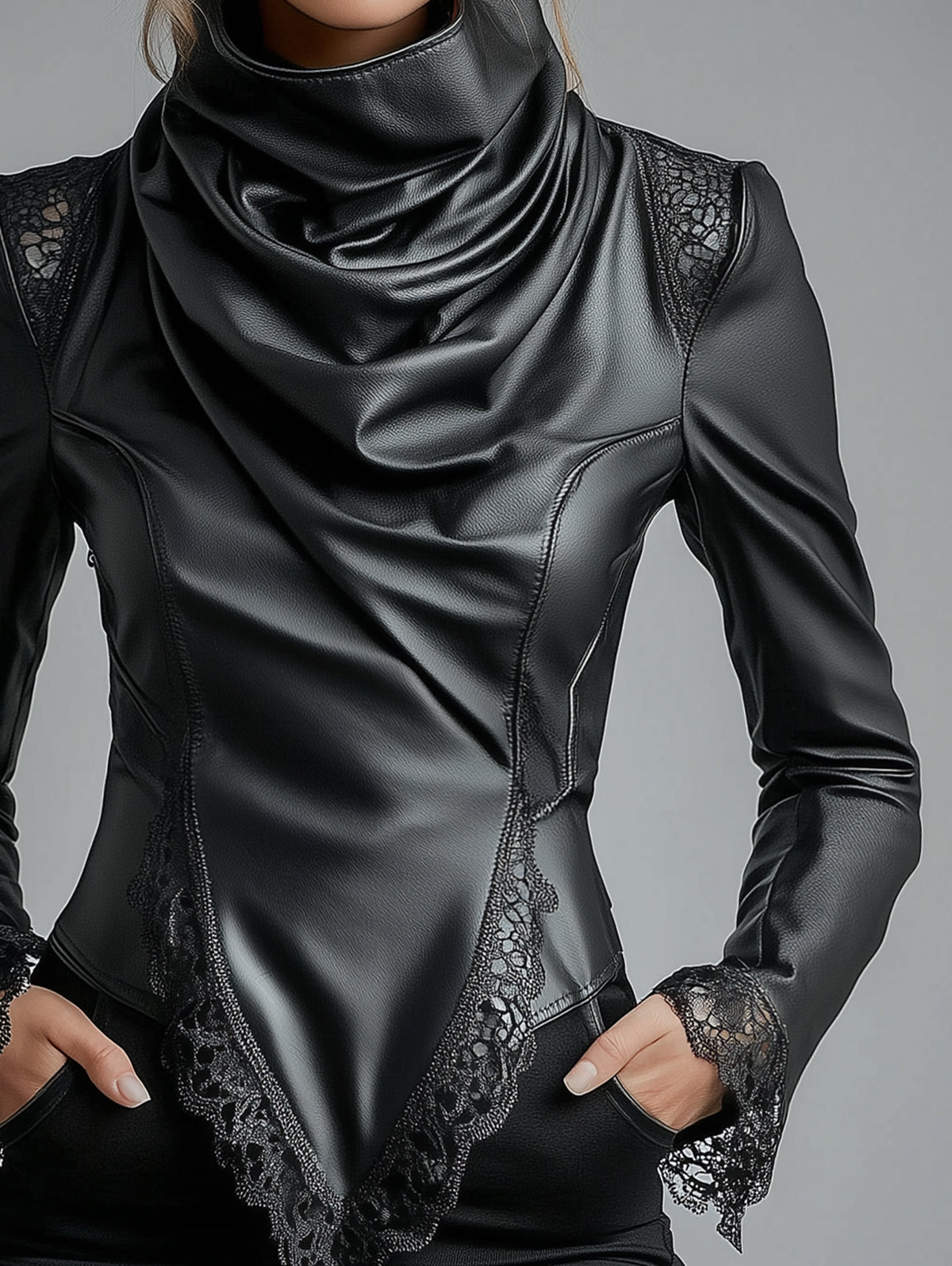 sheenchic High Neck Lace Trim Long Sleeve PU Leather Blouse