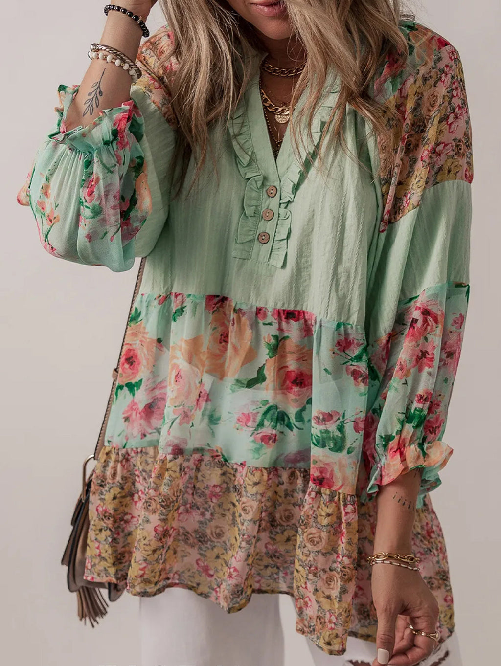 Boho Floral Patchwork Frilled Split Neck Blouse