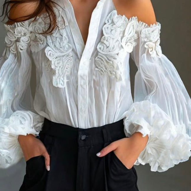 sheenchic Shirt Collar Cold Shoulder Puff Sleeve Button Blouse