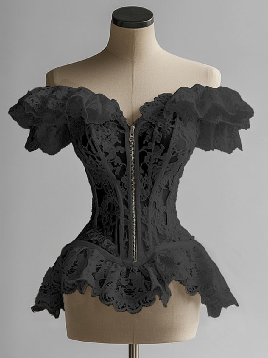 sheenchic Lace Ruffle Off Shoulder Zip Up Blouse