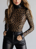 sheenchic PU Leather Leopard Pattern High Neck Long Sleeve Blouse
