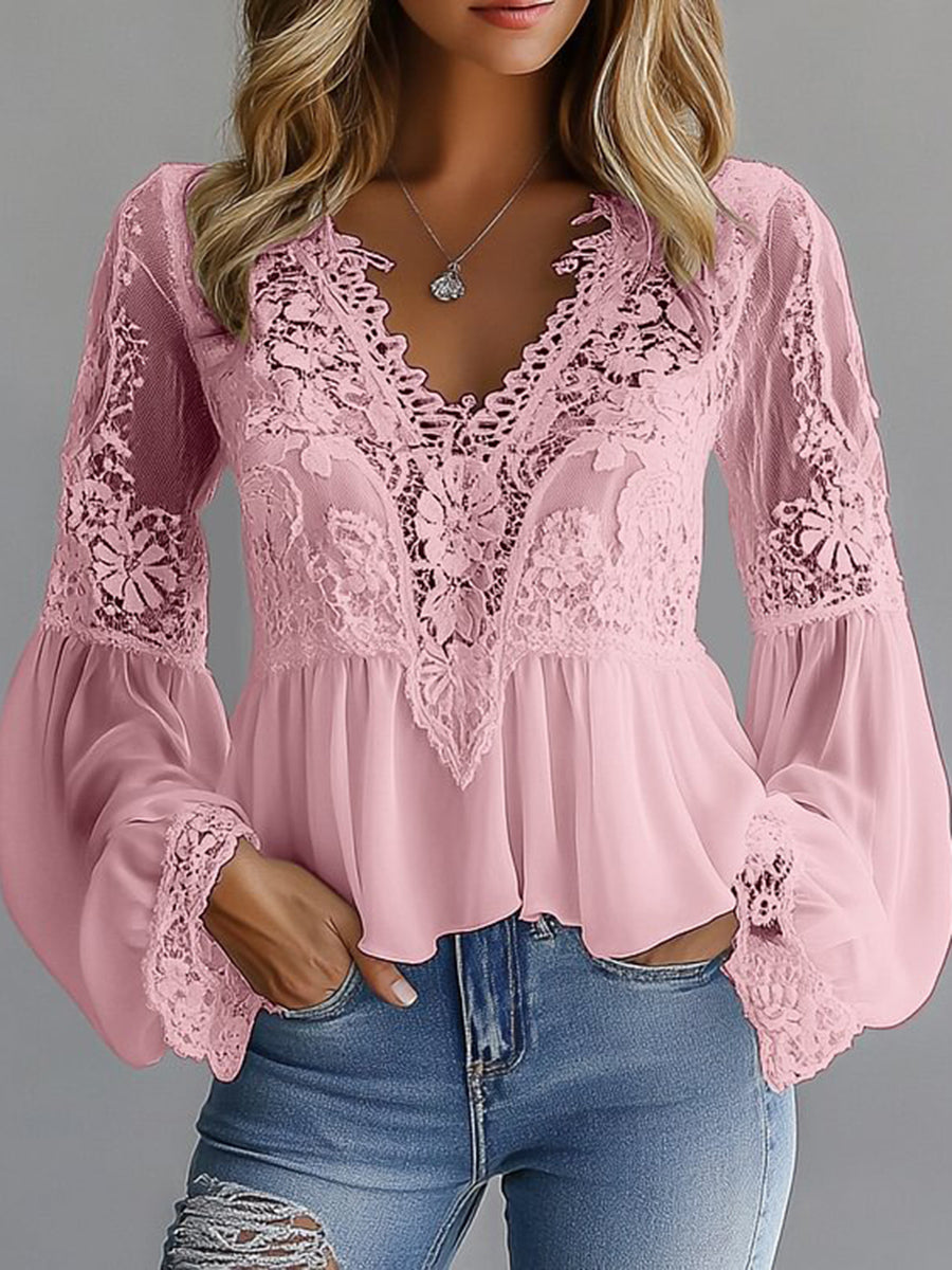 sheenchic Lace Floral Hollow Out V Neck Lantern Sleeve Blouse