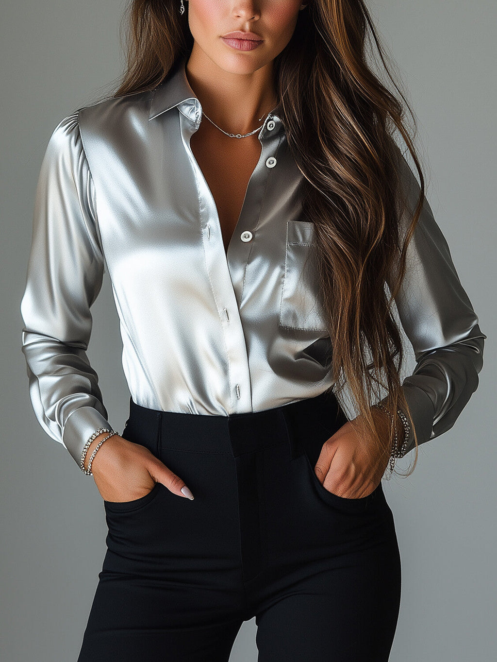 sheenchic Satin Shirt Collar Button Long Sleeve Chest Pocket Blouse
