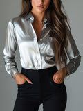 sheenchic Satin Shirt Collar Button Long Sleeve Chest Pocket Blouse