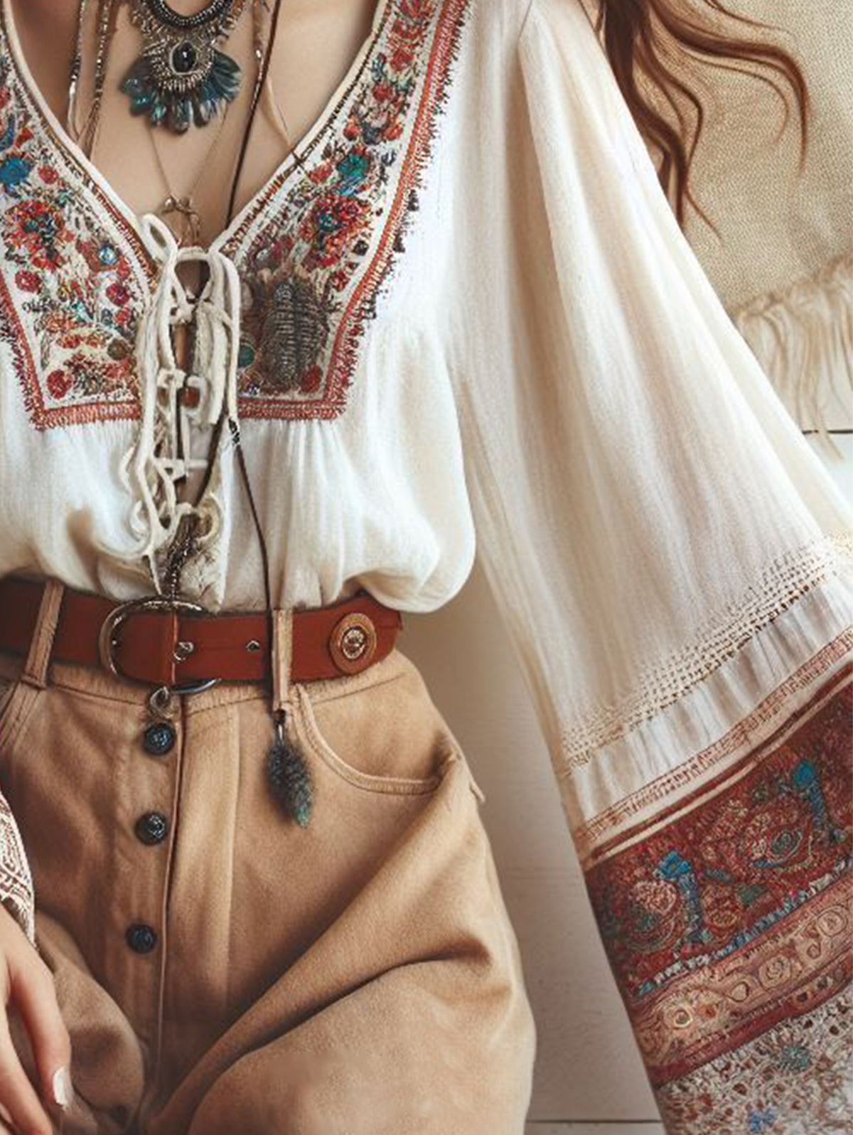 Boho Embroidered Lace Up V Neck Flare Sleeve Blouse