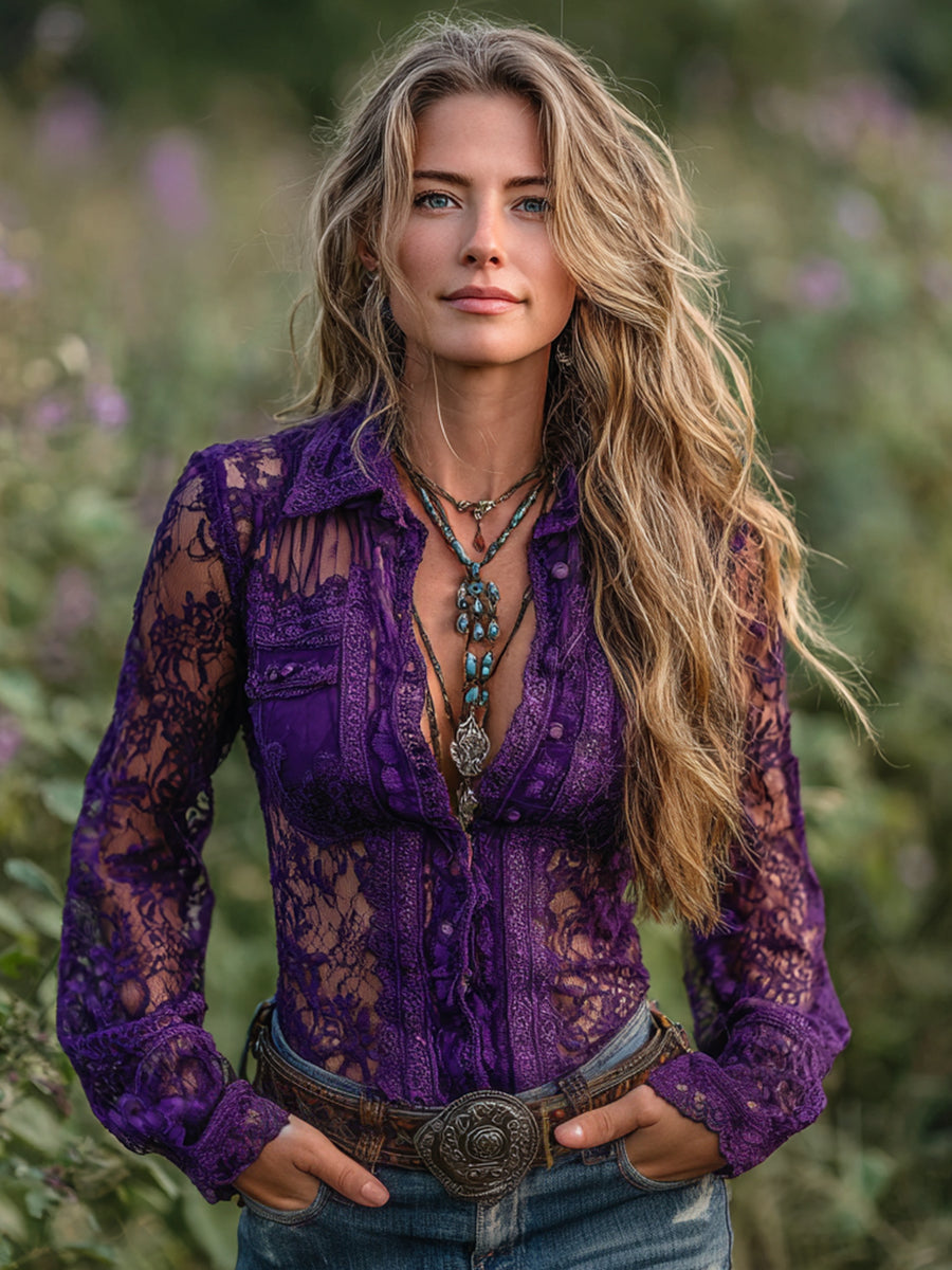 sheenchic Boho Grape See-Through Lace Long Sleeve Button Blouse
