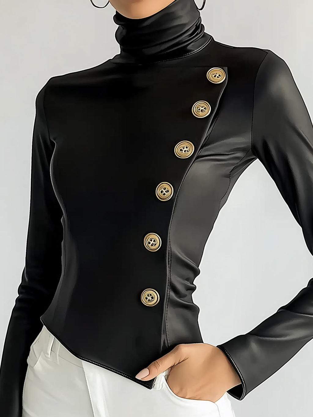 sheenchic PU Leather High Neck Slant Buttons Long Sleeve Blouse