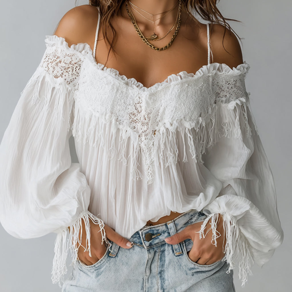 sheenchic Boho Lace Cold Shoulder Ruffled Lantern Sleeve Fringes Blouse