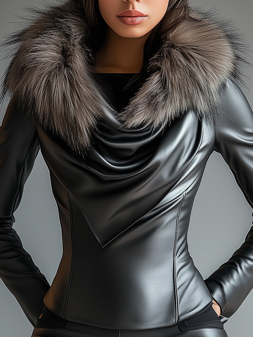 sheenchic Plush Trim Cowl Neck Long Sleeve PU Leather Blouse