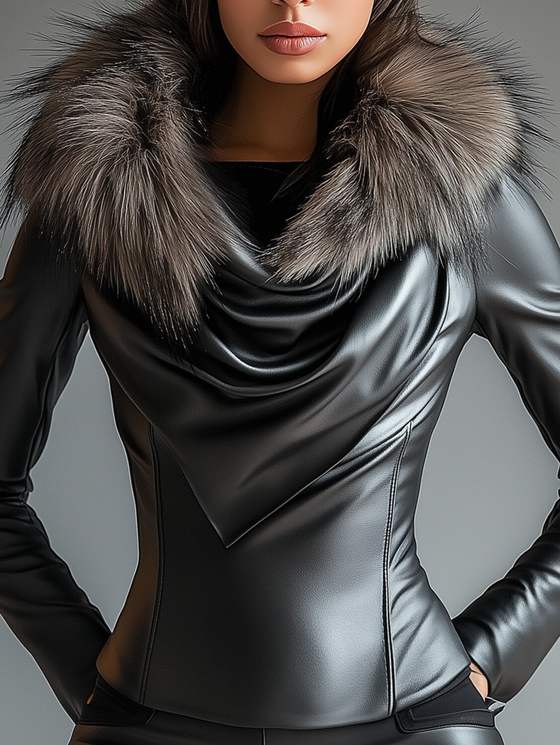 sheenchic Plush Trim Cowl Neck Long Sleeve PU Leather Blouse