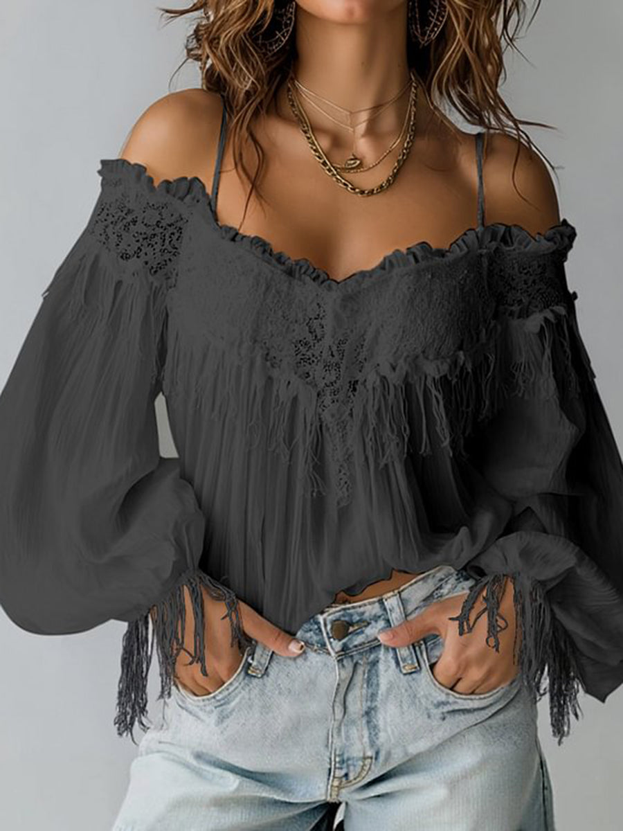 sheenchic Boho Lace Cold Shoulder Ruffled Lantern Sleeve Fringes Blouse