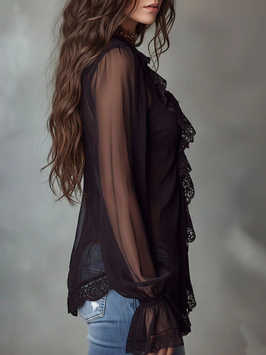 sheenchic Daily Lace Black V Neck Long Sleeve Ruffle Elegant See Through Chiffon Blouses [Pre-Order]
