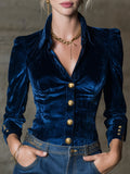 Elegant Blue Velvet Long-sleeved  With Gold Buttons Shirt