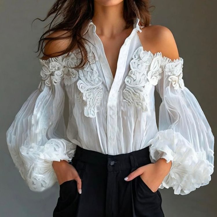 sheenchic Shirt Collar Cold Shoulder Puff Sleeve Button Blouse