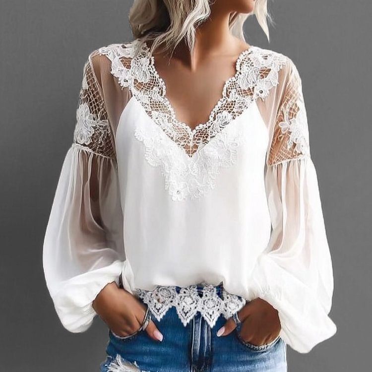 sheenchic Hollow Lace V Neck Lantern Sleeve Blouse