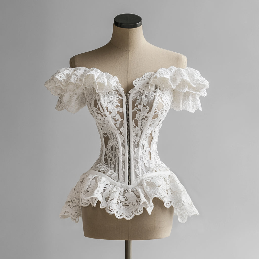 sheenchic Lace Ruffle Off Shoulder Zip Up Blouse