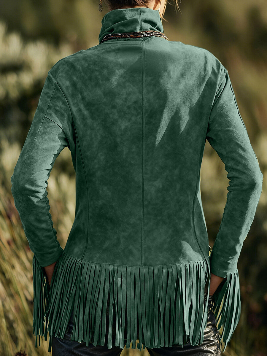 sheenchic Boho Green Suede High Neck Long Sleeve Fringe Hem Top