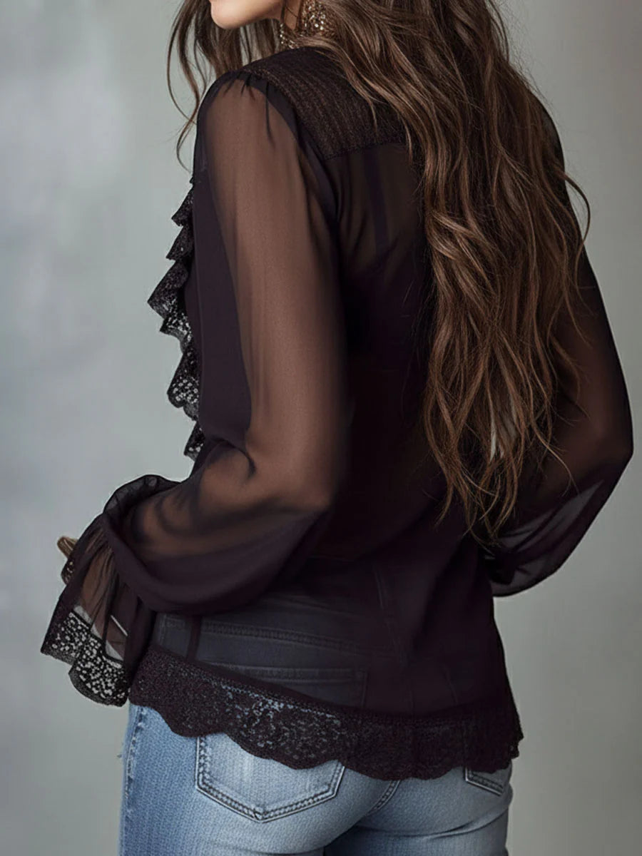 sheenchic Daily Lace Black V Neck Long Sleeve Ruffle Elegant See Through Chiffon Blouses [Pre-Order]