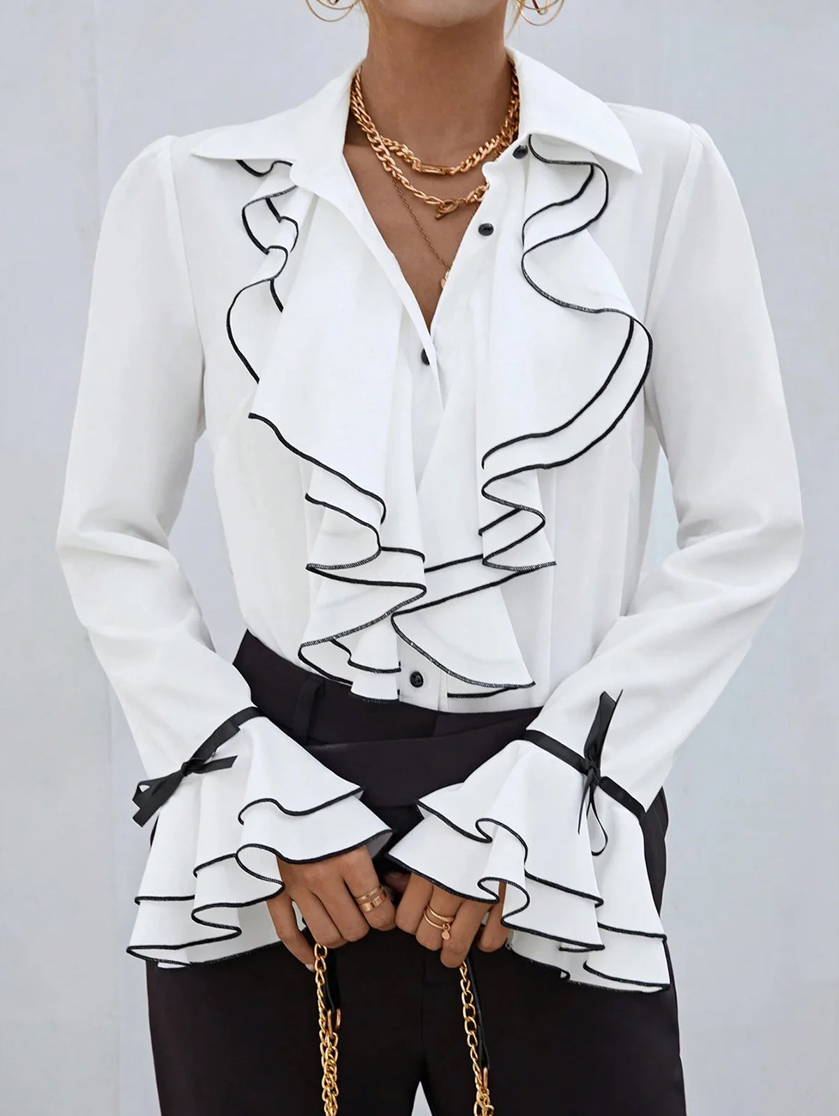 Turndown Collar Contrast Binding Ruffle Flare Sleeve Blouse