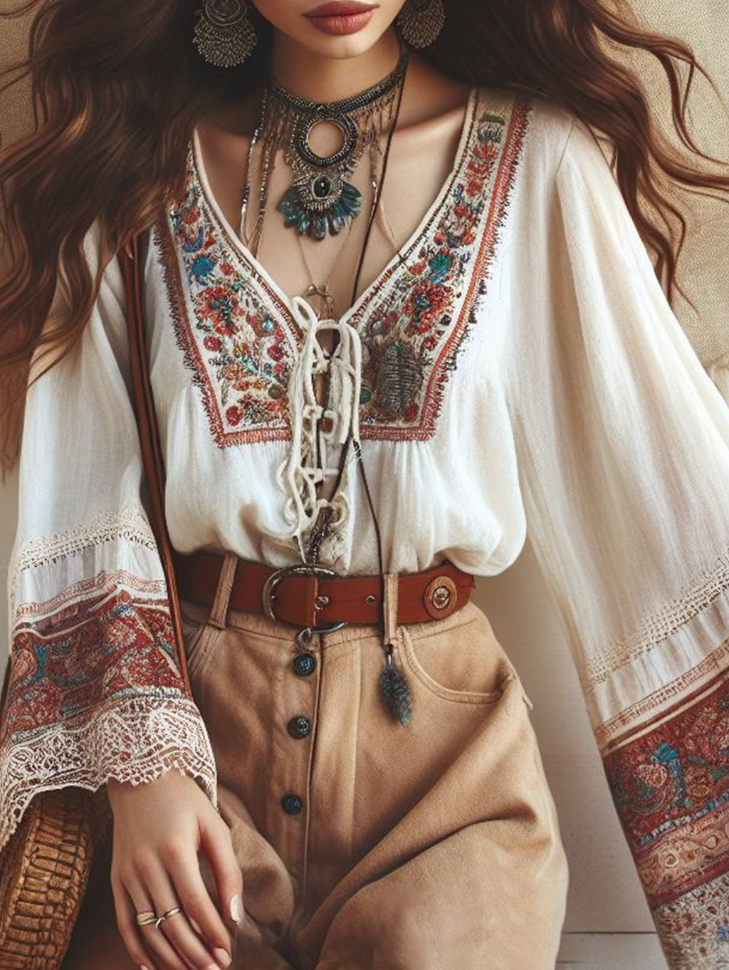 Boho Embroidered Lace Up V Neck Flare Sleeve Blouse