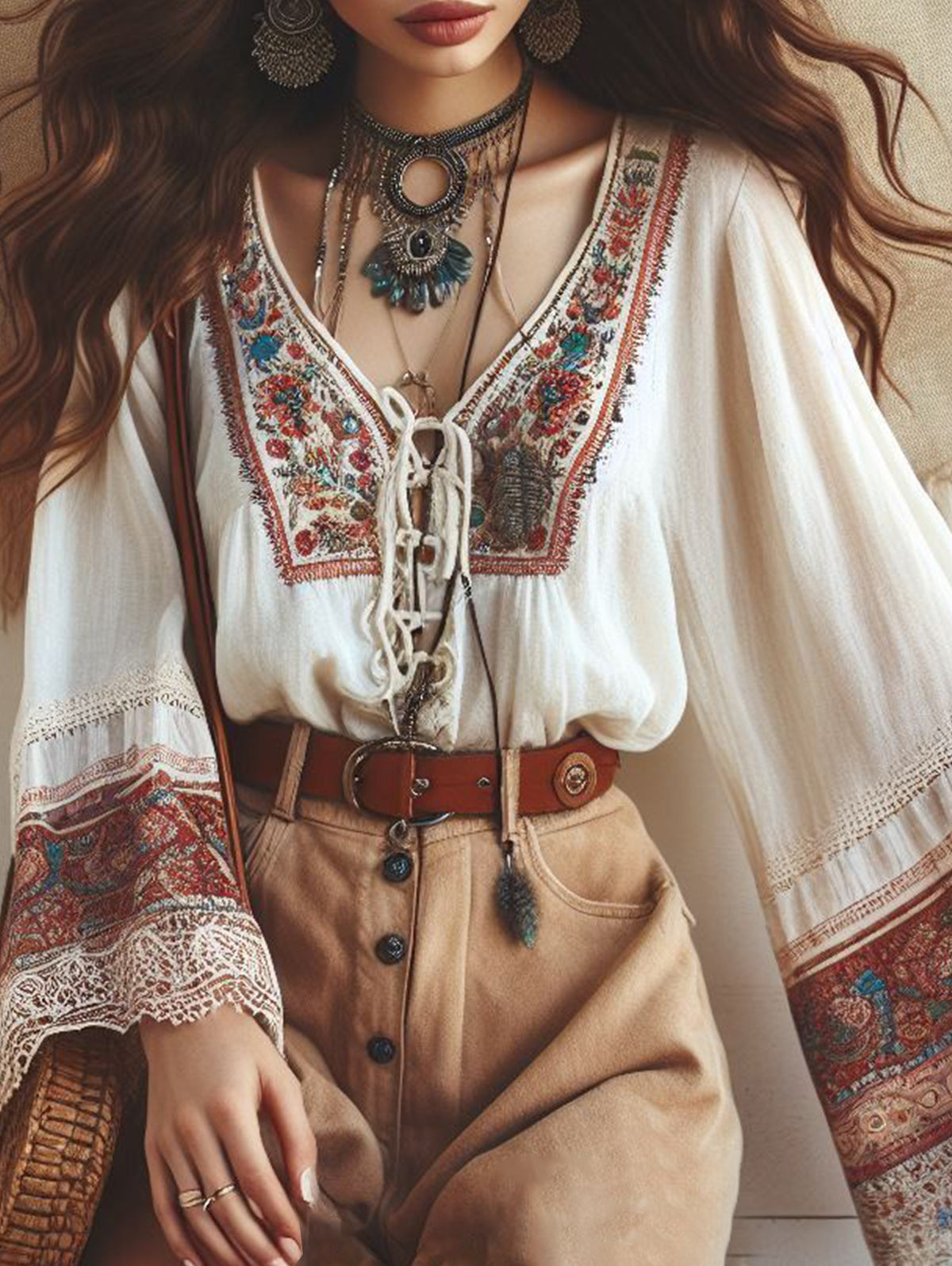 Boho Embroidered Lace Up V Neck Flare Sleeve Blouse