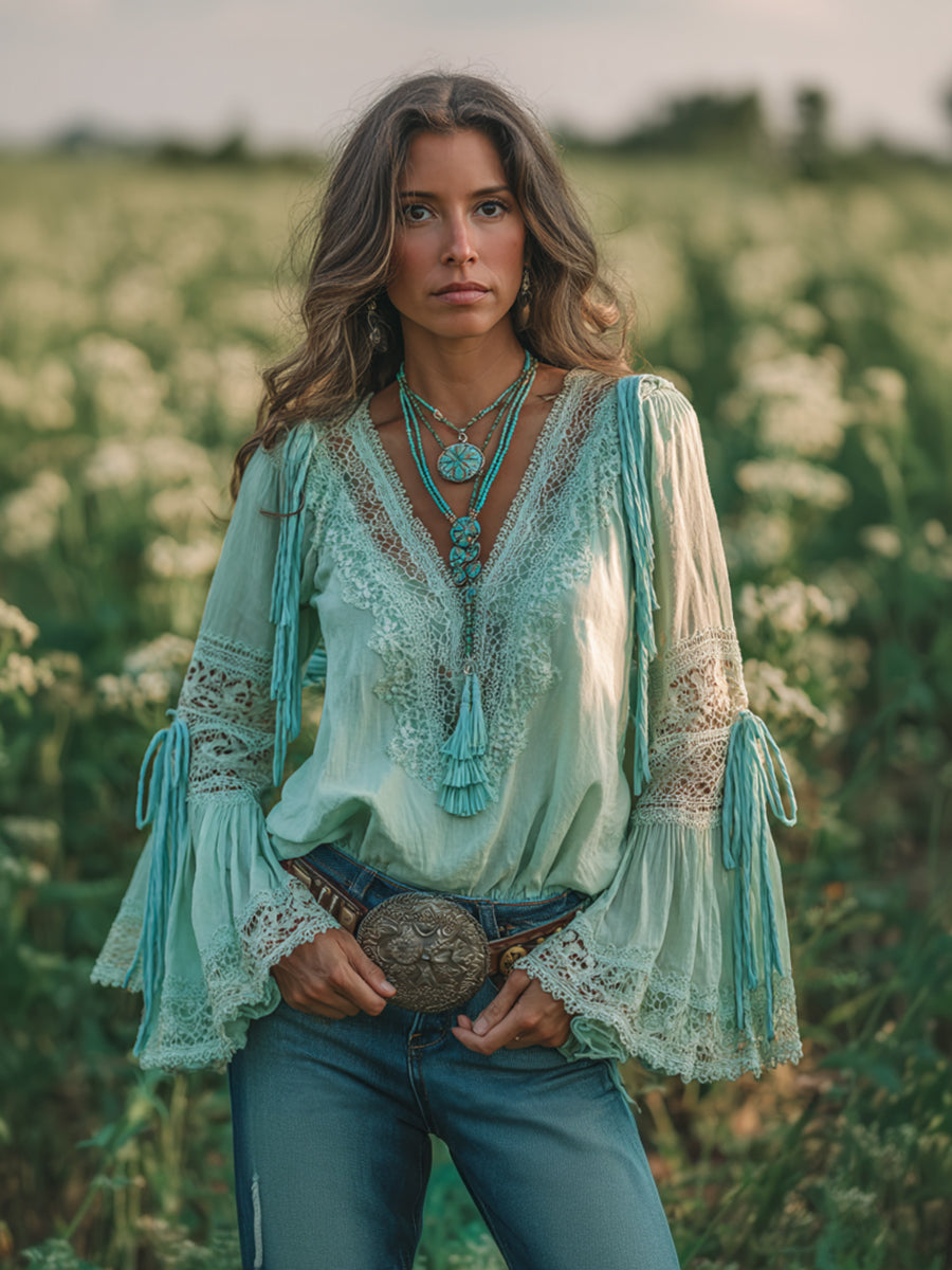 sheenchic Daily Green V Neck Long Sleeve Strappy Boho Contrast Lace Blouses [Pre-Order]