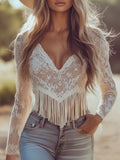 Vacation White V Neck Long Sleeve Cut Out Western Strappy Lace Blouses