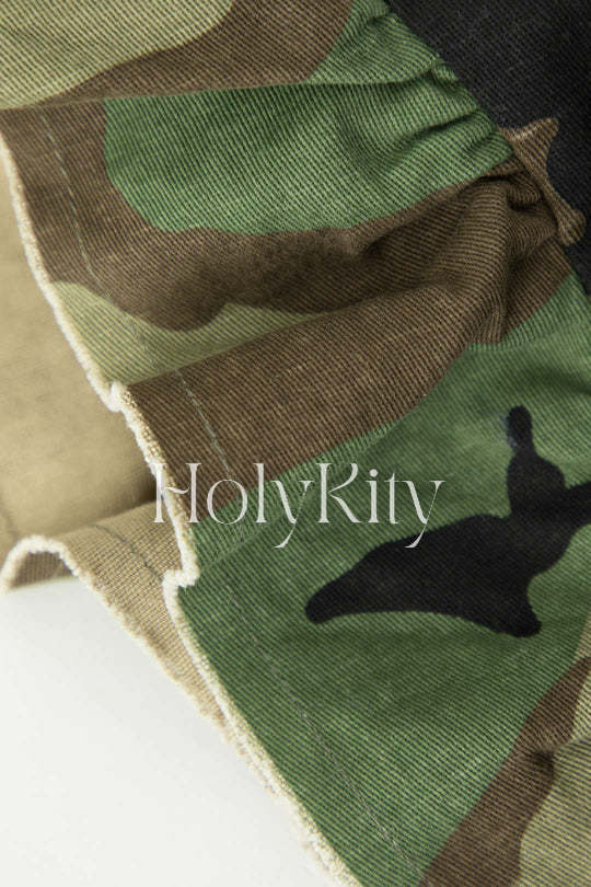 Camo Ruffle Sleeve Crop Shirt