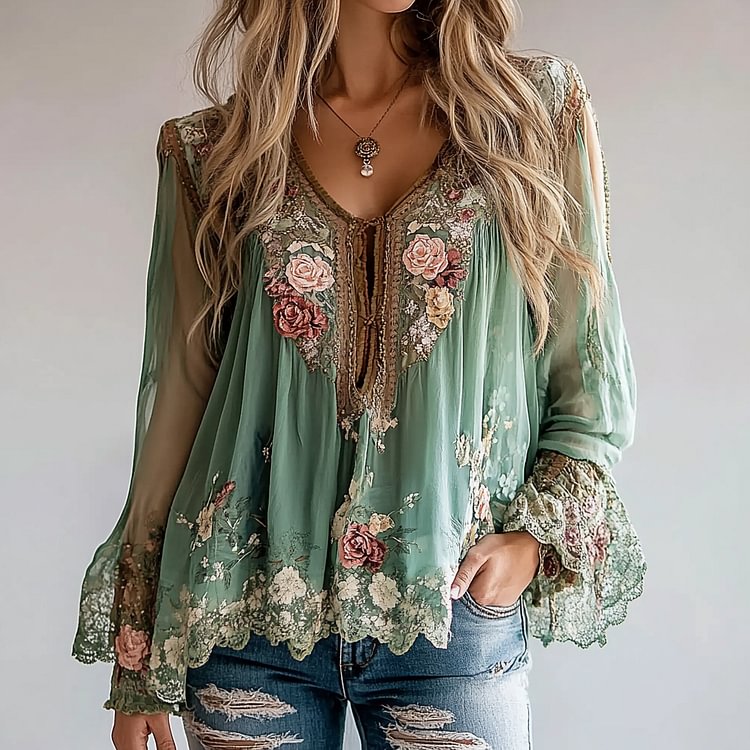 sheenchic V Neck Long Sleeve Floral Pattern Asymmetrical Hem Blouse