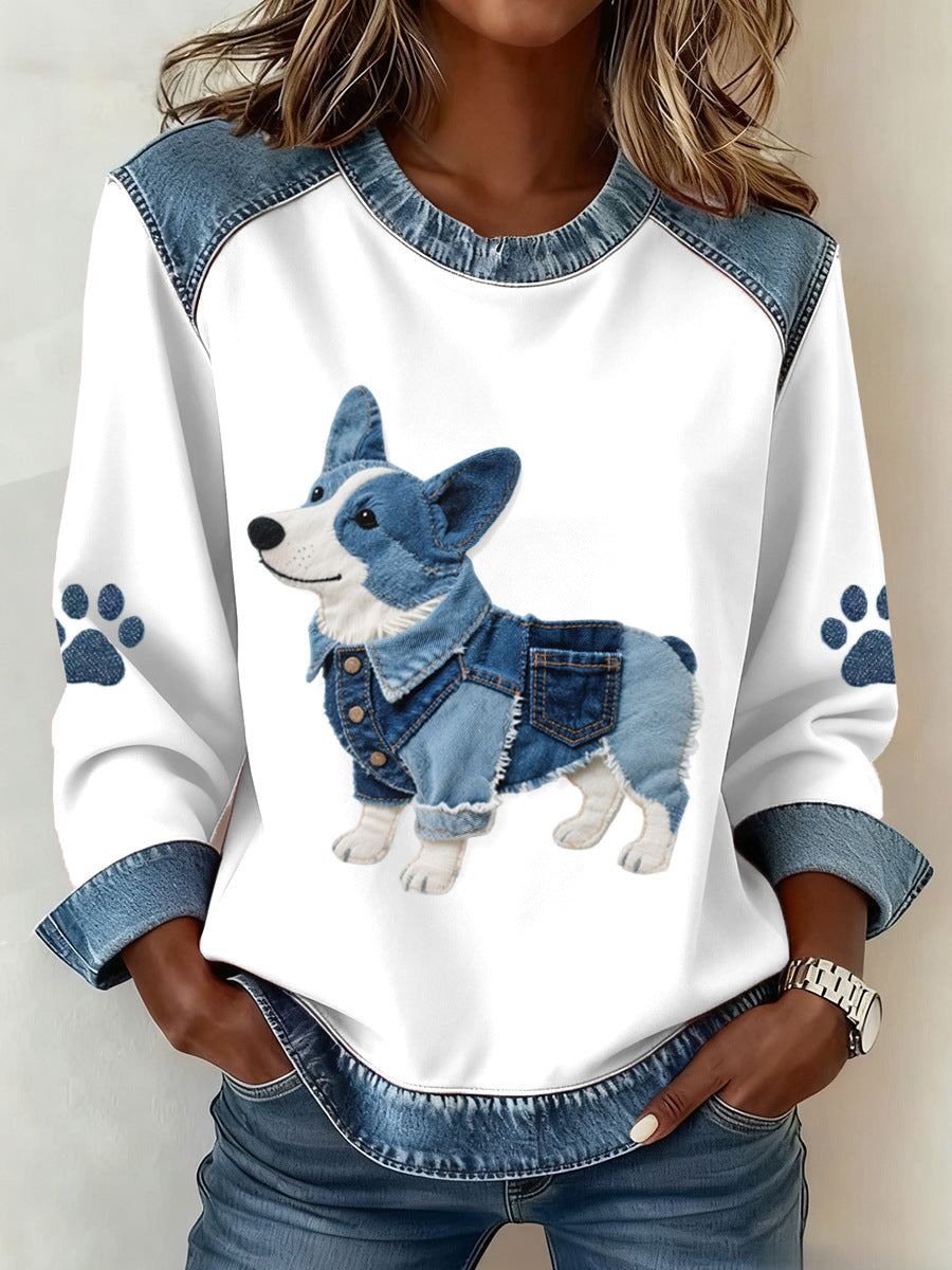 Vacation Light Blue Round Neck Long Sleeve Contrast Vintage Denim Blouses