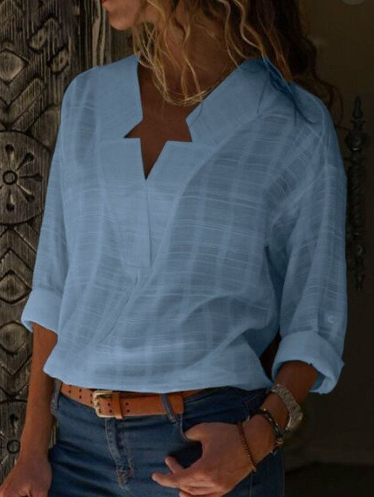 V Neck Long Sleeve Solid Color Shirts