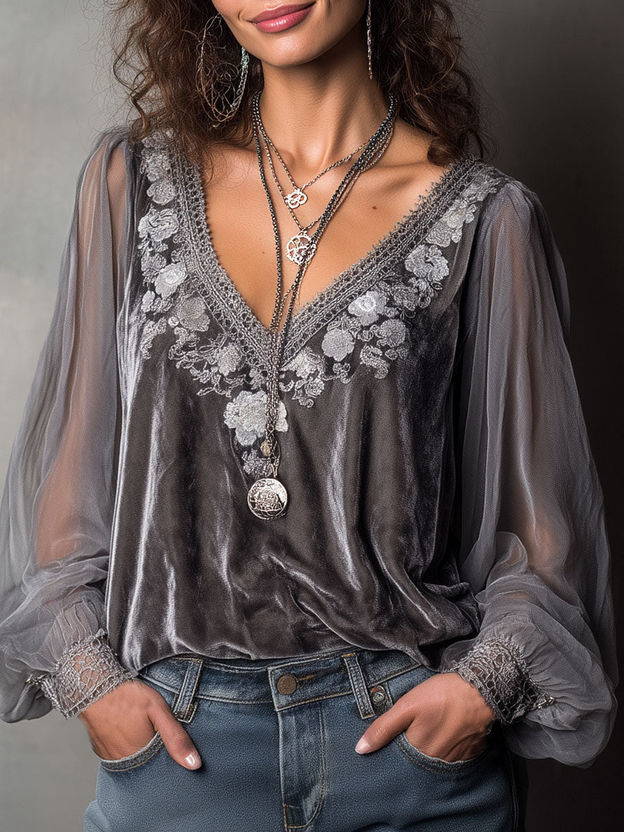 sheenchic Daily Chiffon Grey V Neck Long Sleeve Appliques Elegant See Through Velvet Blouses