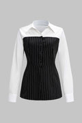 Stripes Print Button Patchwork Long-Sleeve Shirt
